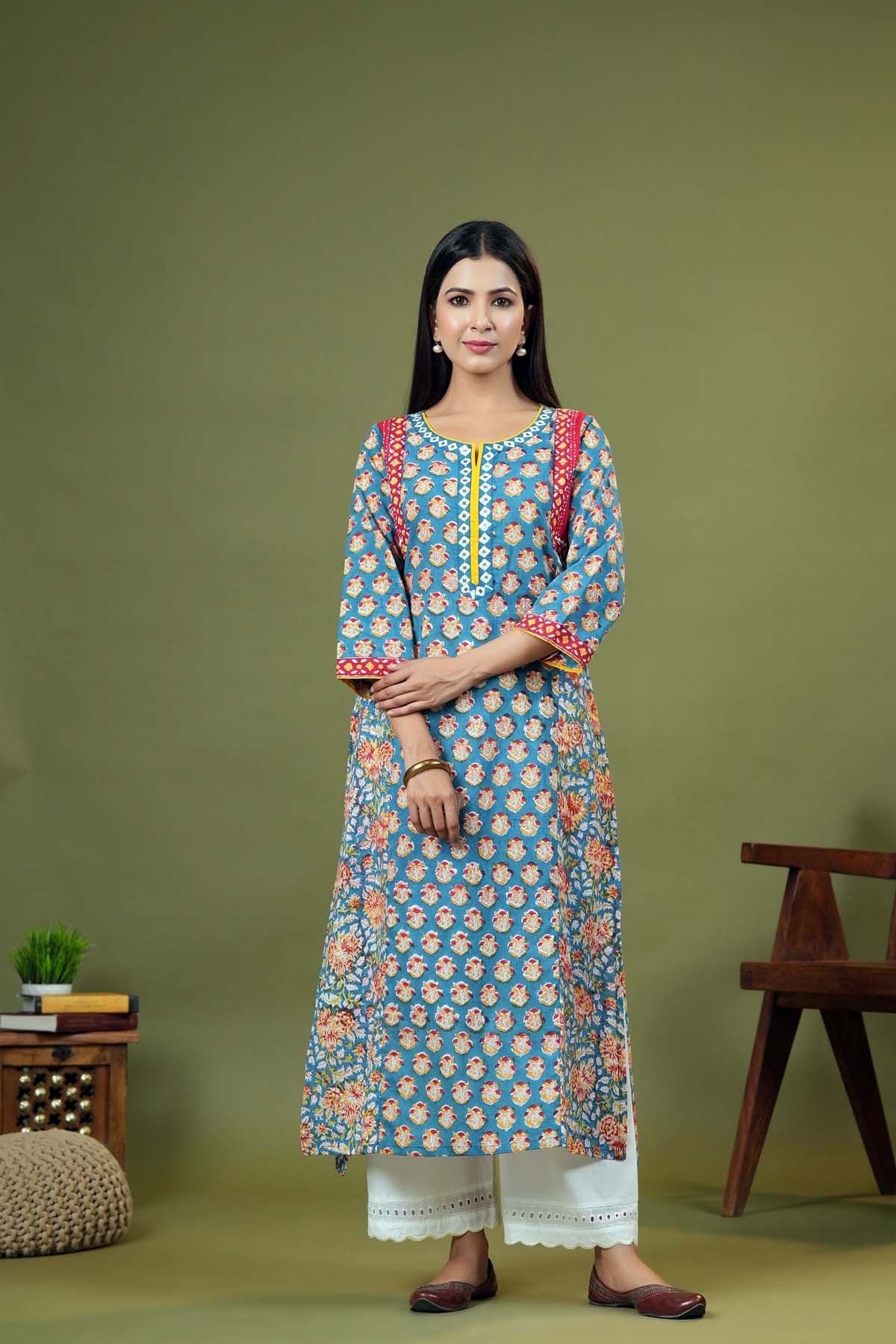 Firozi Color Foil and Printed Pure Cotton Kurti - M