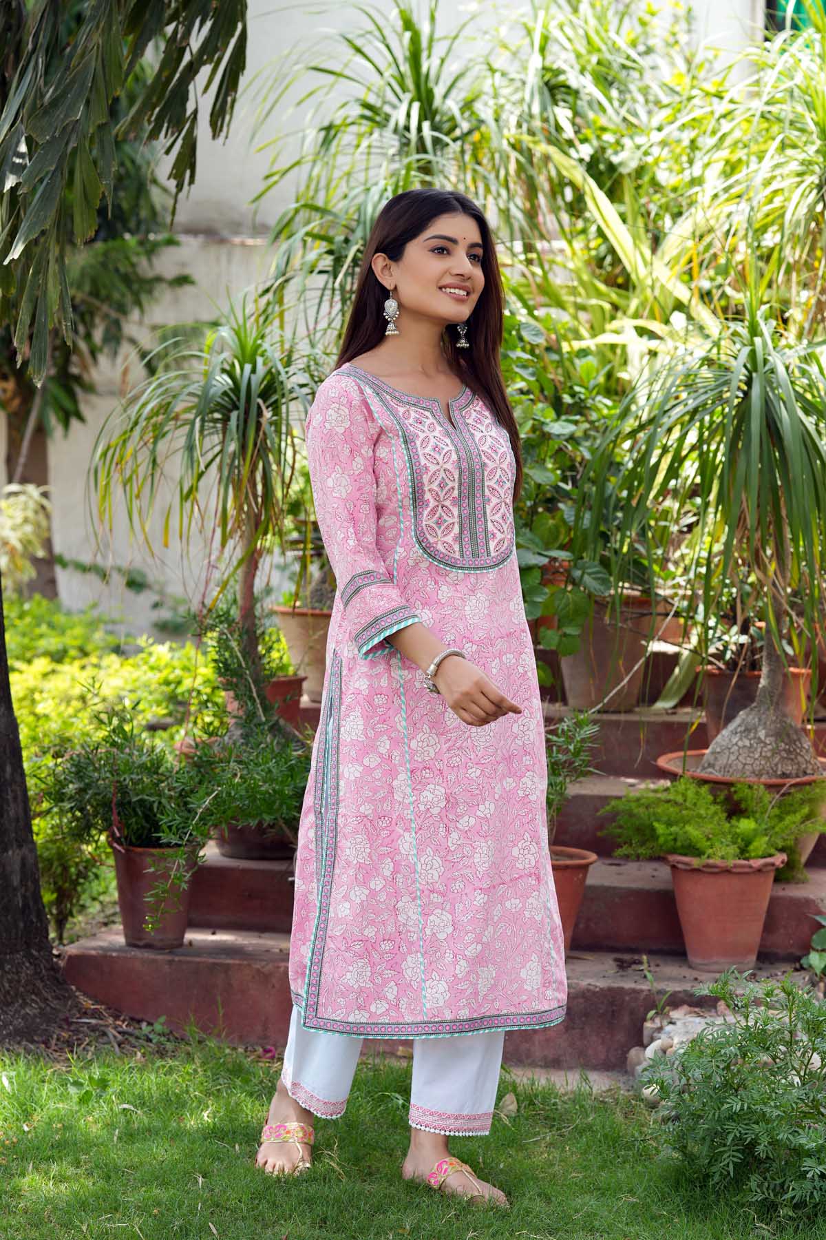 Buy Pink White Hand Block Printed Cotton Suit - Set of 3