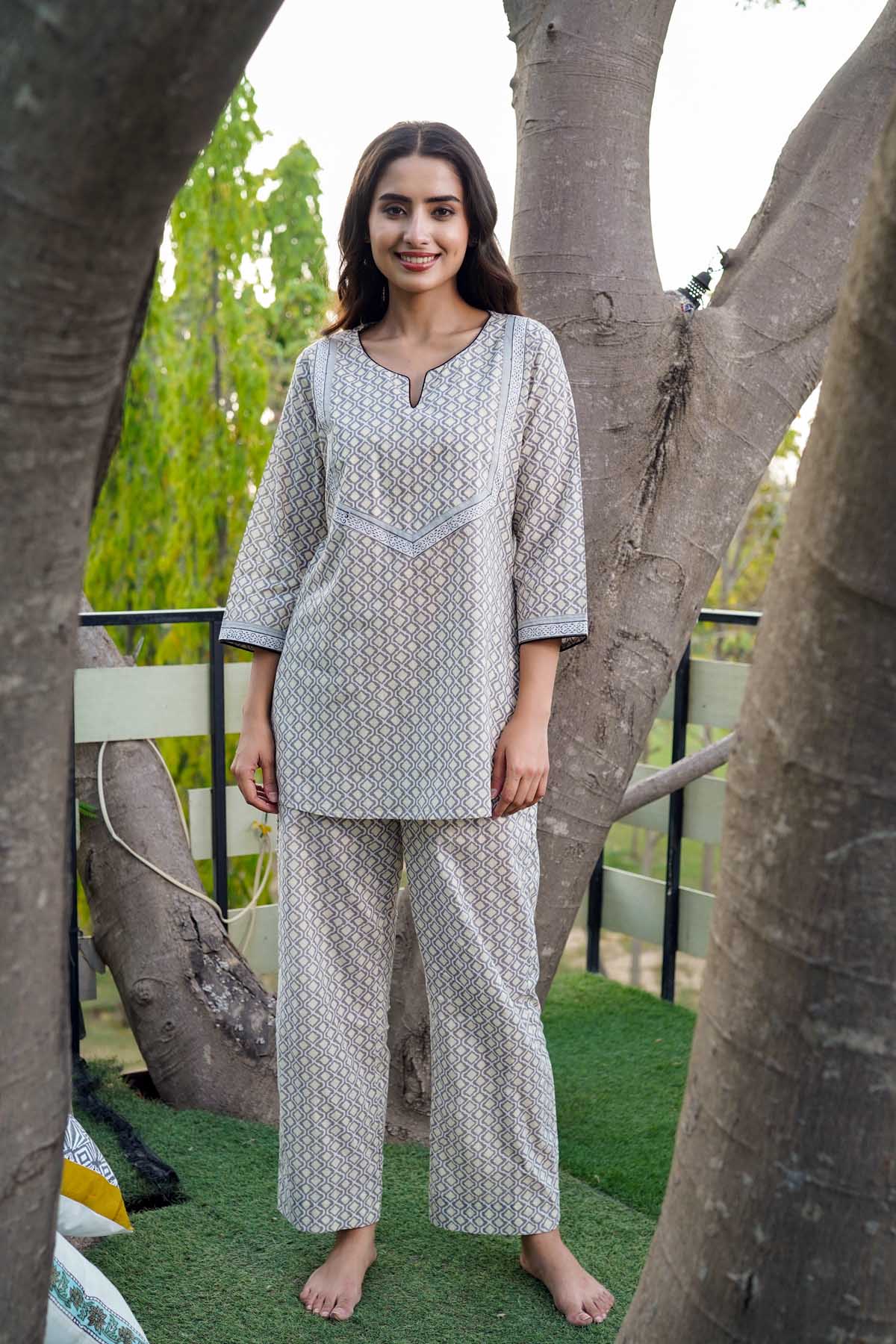 Cotton Loungewear Set in Light Grey Color