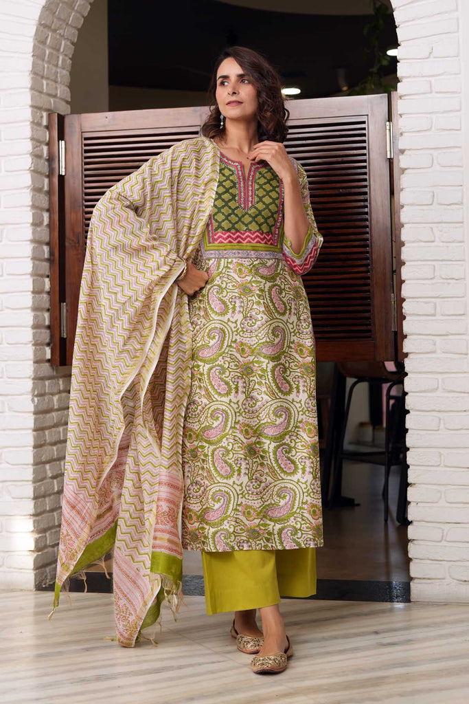 Cream Hand Block Printed Dupatta In Chanderi