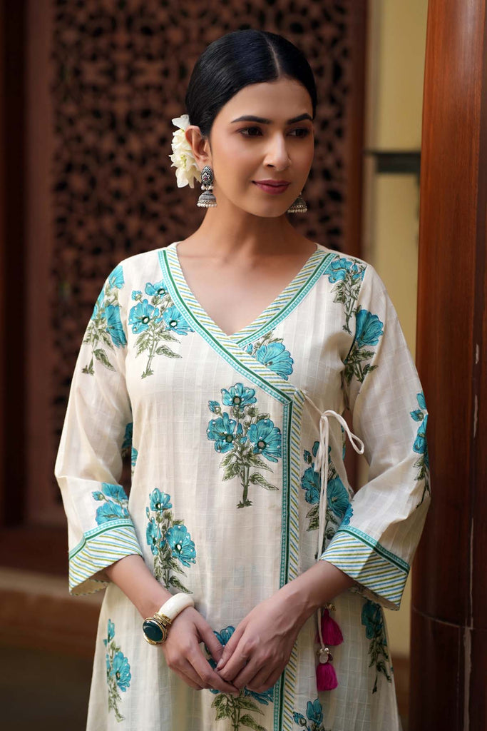 Cream Angrakha Style Kurta In Handloom Cotton