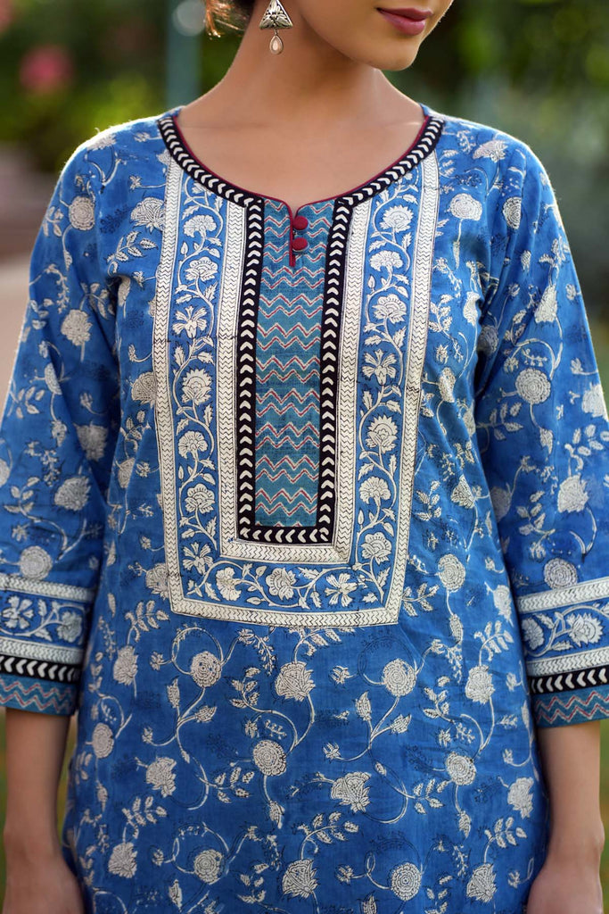 Straight Fit Hand Block Printed Kurta In Blue Color