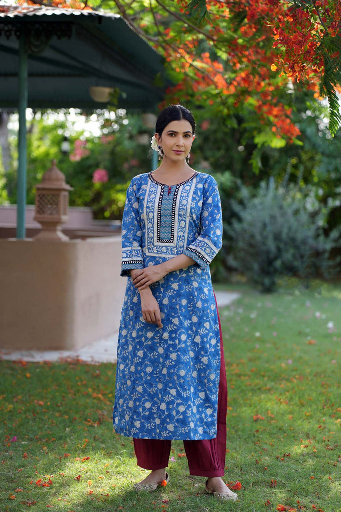 Straight Fit Hand Block Printed Kurta In Blue Color
