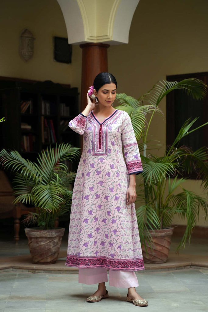 A-Line Hand Block Printed Cotton Kurta In Pink Base Color