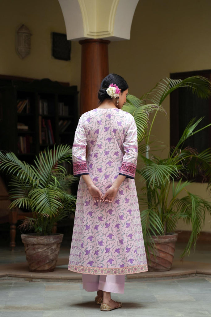 A-Line Hand Block Printed Cotton Kurta In Pink Base Color