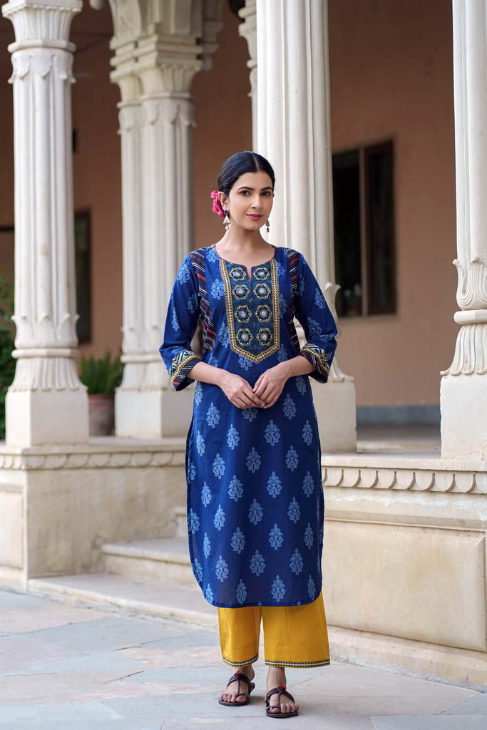 Navy Blue Pathani Style Kurta In Cotton