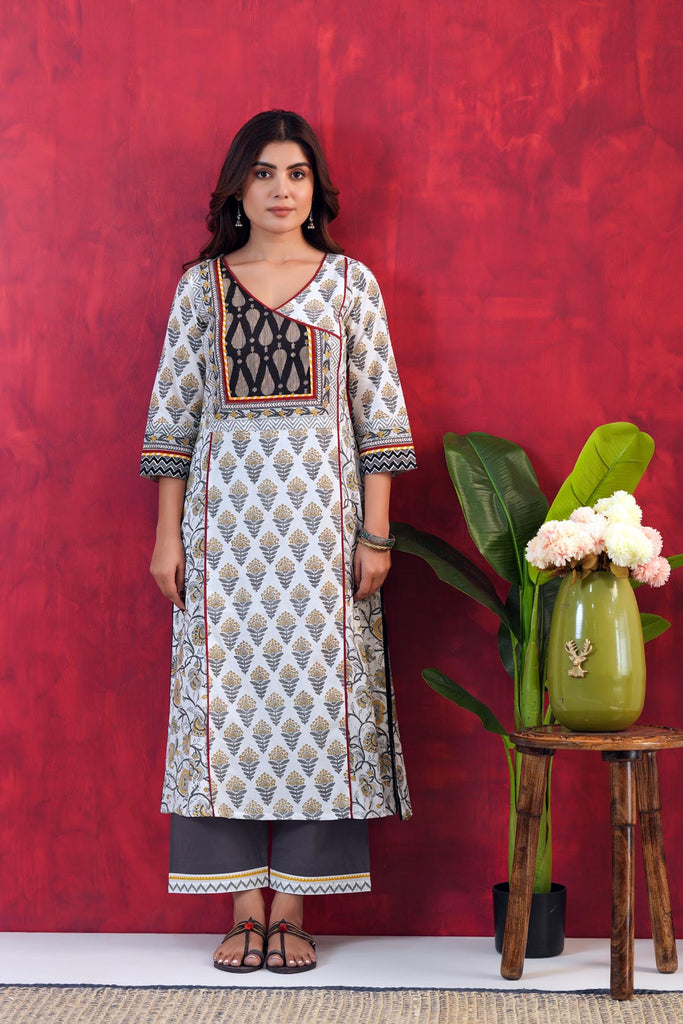 White And Grey A-Line Kurta In Hand Block Cotton