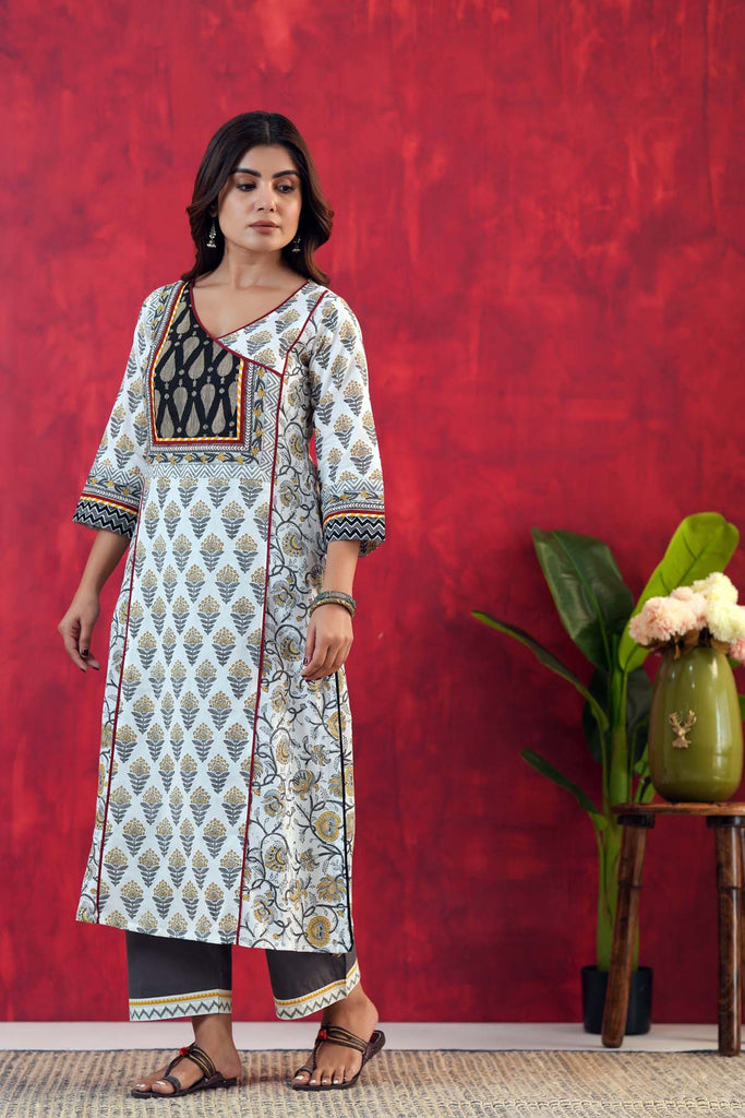 White And Grey A-Line Kurta In Hand Block Cotton