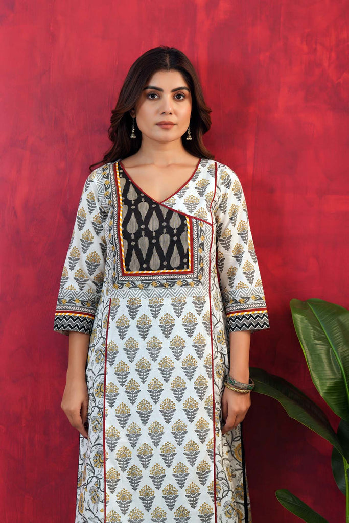 White And Grey A-Line Kurta In Hand Block Cotton