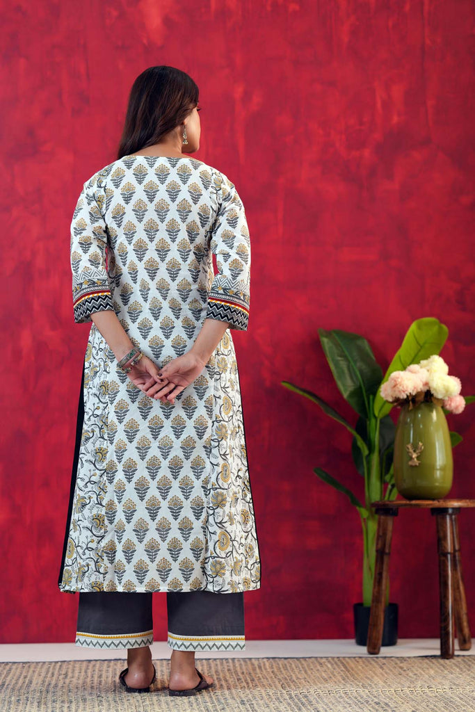 White And Grey A-Line Kurta In Hand Block Cotton