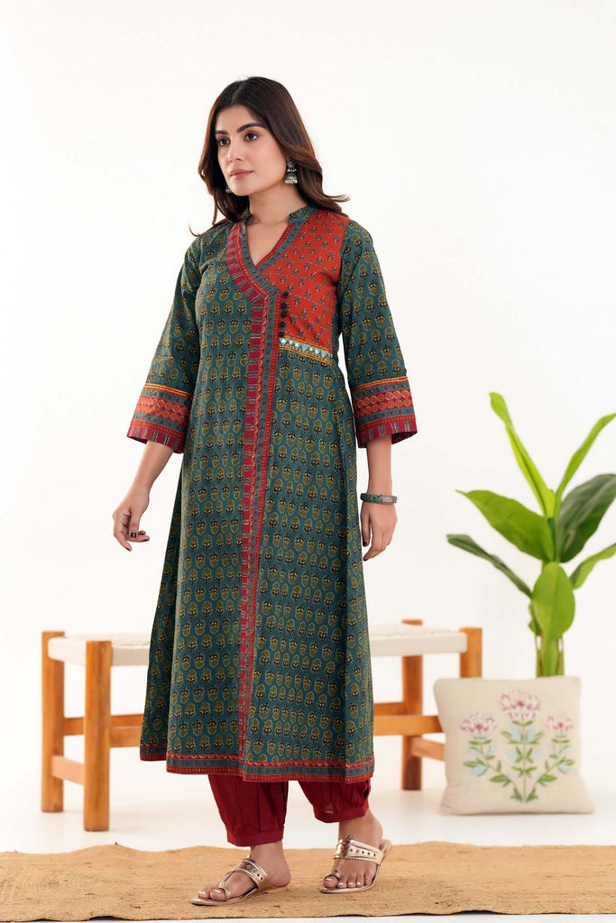 Long Length Angrakha Style Kurta In Deep Olive Green Color