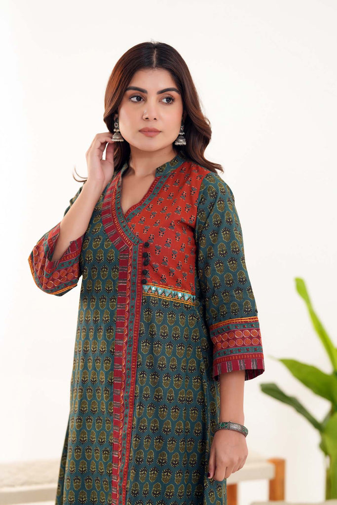 Long Length Angrakha Style Kurta In Deep Olive Green Color