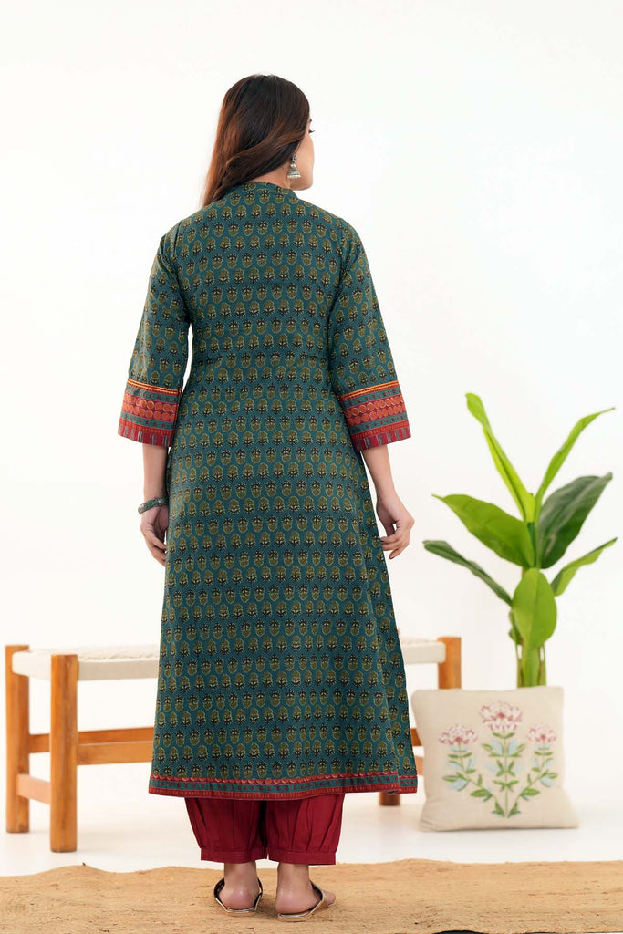 Long Length Angrakha Style Kurta In Deep Olive Green Color