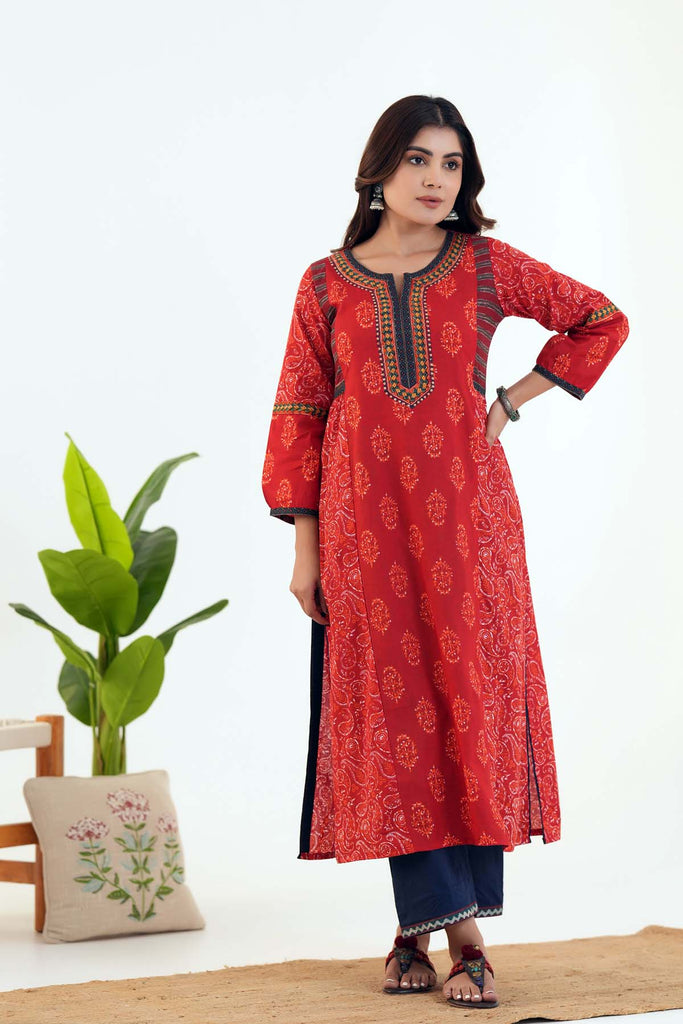 Long Length A-line Kurta In Red Cotton Fabric