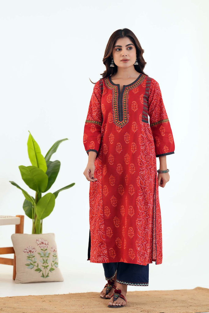 Long Length A-line Kurta In Red Cotton Fabric