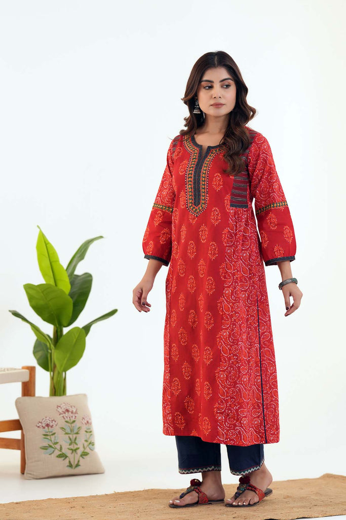 Long Length A-line Kurta In Red Cotton Fabric