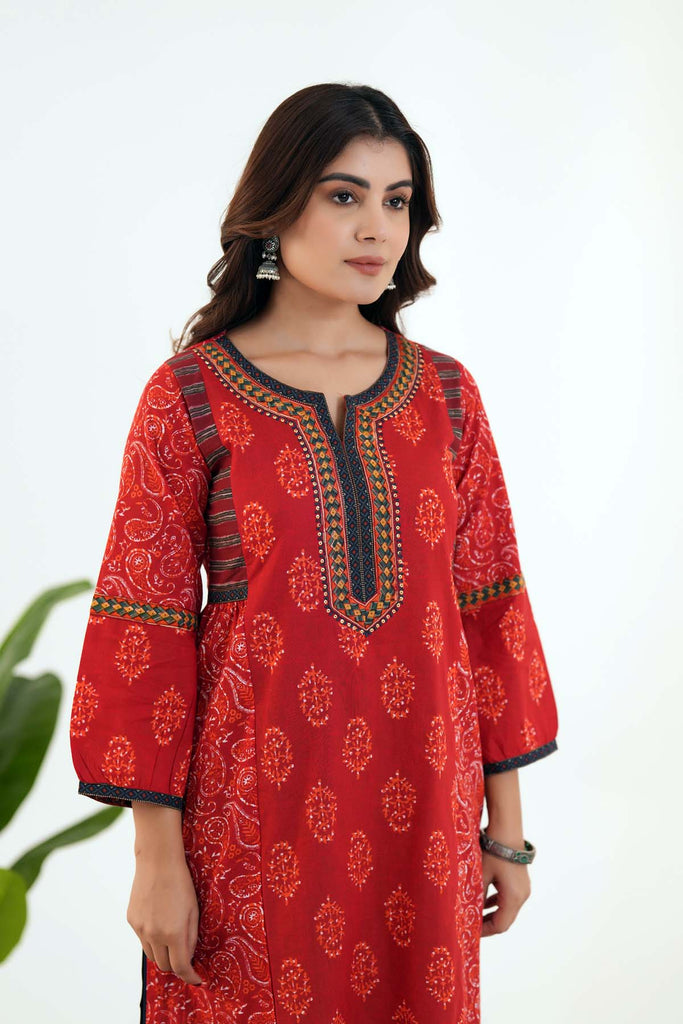 Long Length A-line Kurta In Red Cotton Fabric