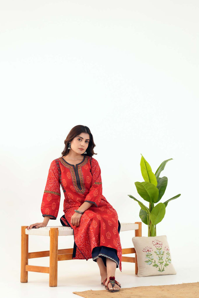 Long Length A-line Kurta In Red Cotton Fabric