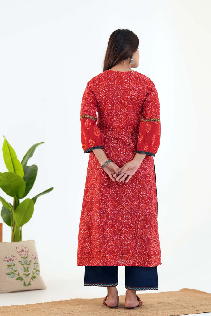 Long Length A-line Kurta In Red Cotton Fabric