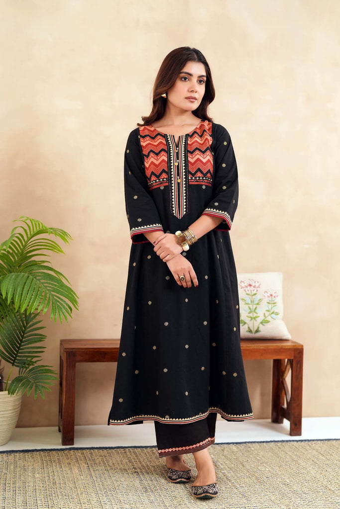 Long Length A-Line Kurta In Black Handloom Cotton