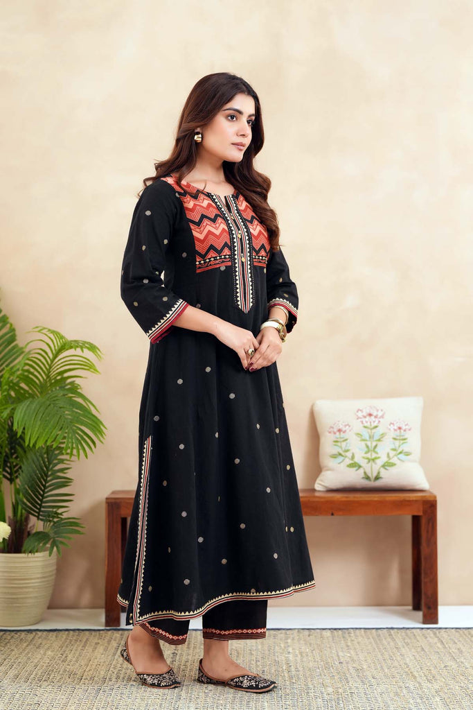 Long Length A-Line Kurta In Black Handloom Cotton