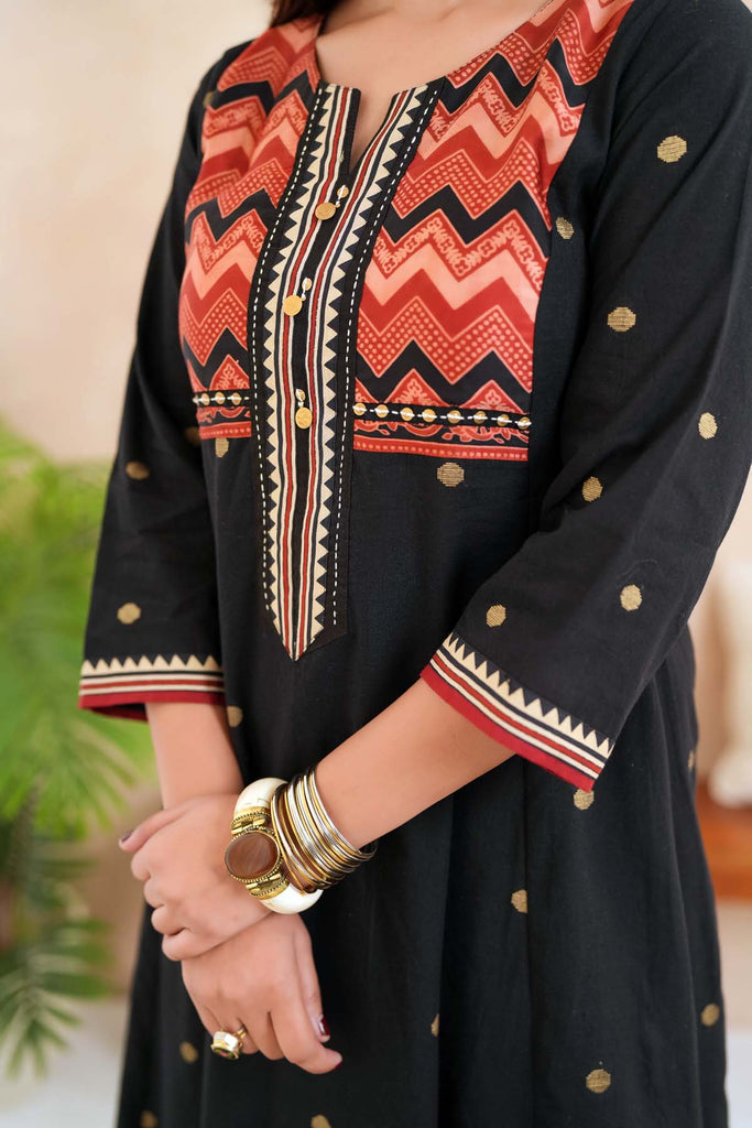 Long Length A-Line Kurta In Black Handloom Cotton