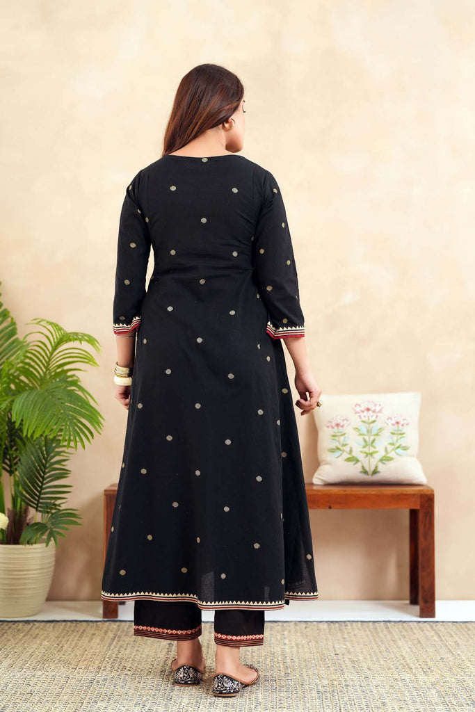 Long Length A-Line Kurta In Black Handloom Cotton