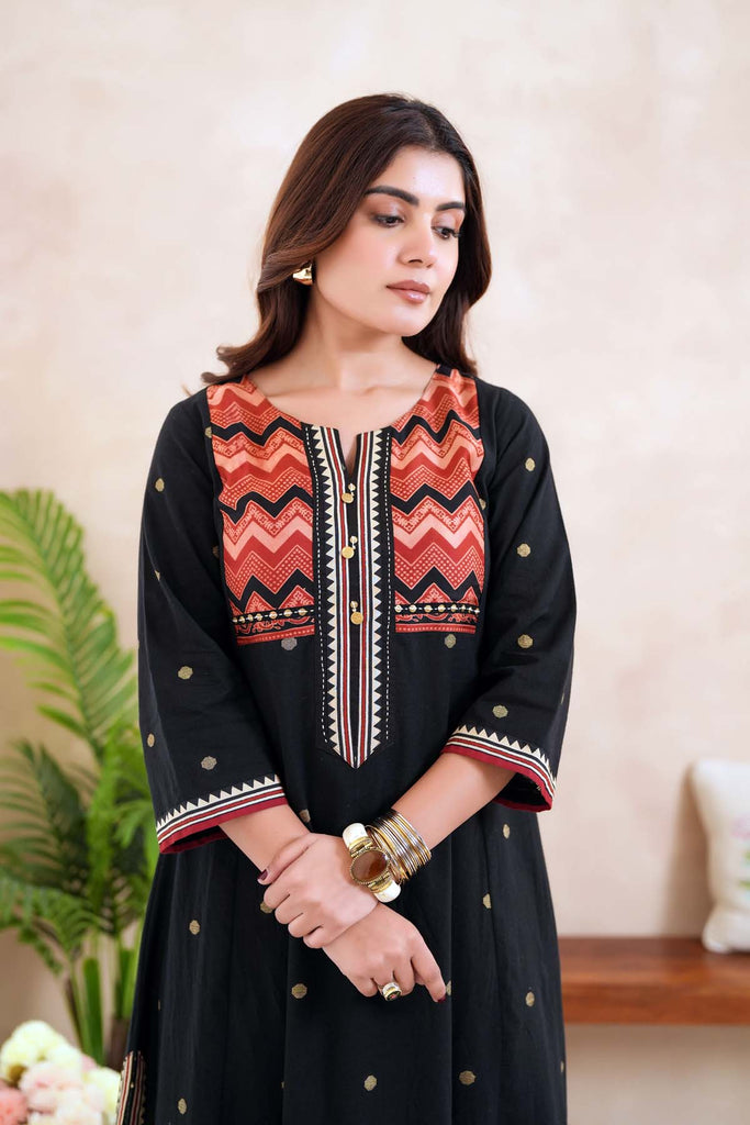 Long Length A-Line Kurta In Black Handloom Cotton