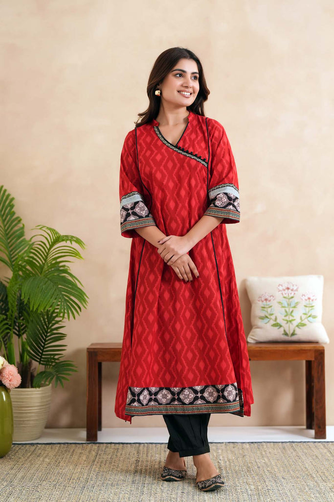 Red Angrakha Style Kalidaar Kurta In Cotton Fabric