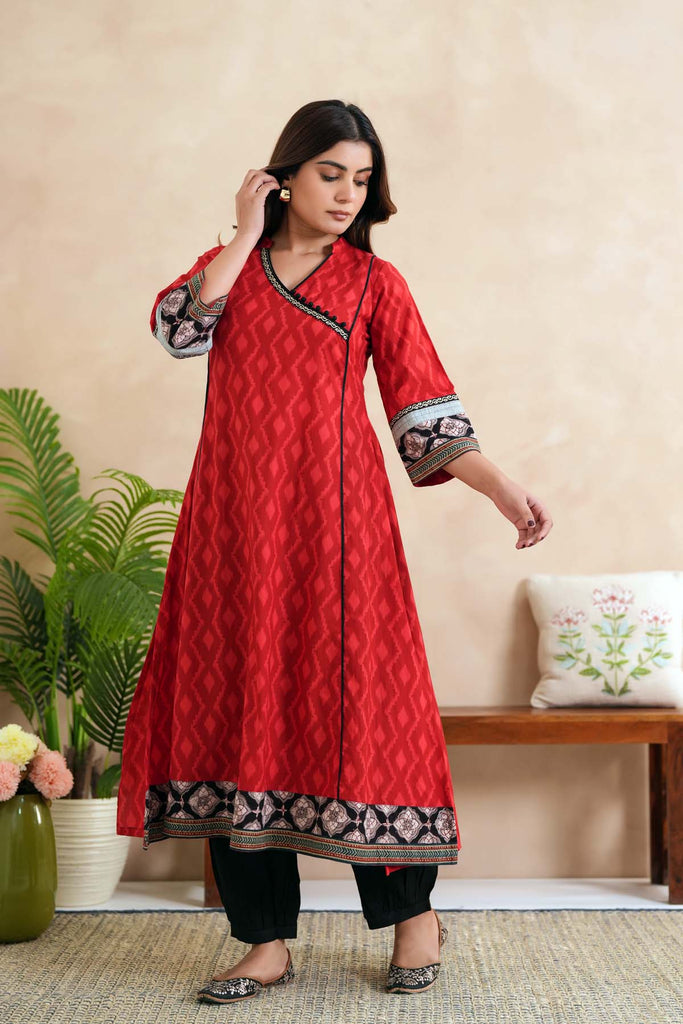 Red Angrakha Style Kalidaar Kurta In Cotton Fabric