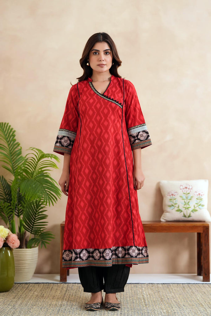 Red Angrakha Style Kalidaar Kurta In Cotton Fabric