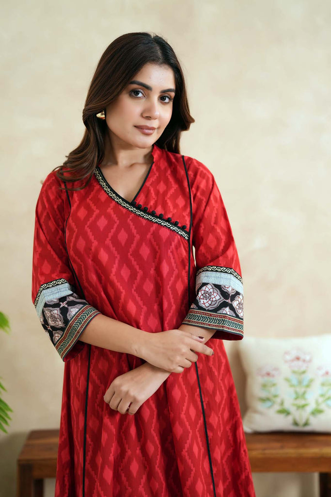 Red Angrakha Style Kalidaar Kurta In Cotton Fabric