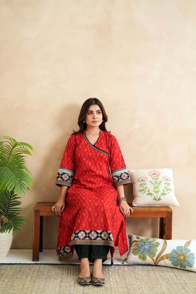 Red Angrakha Style Kalidaar Kurta In Cotton Fabric