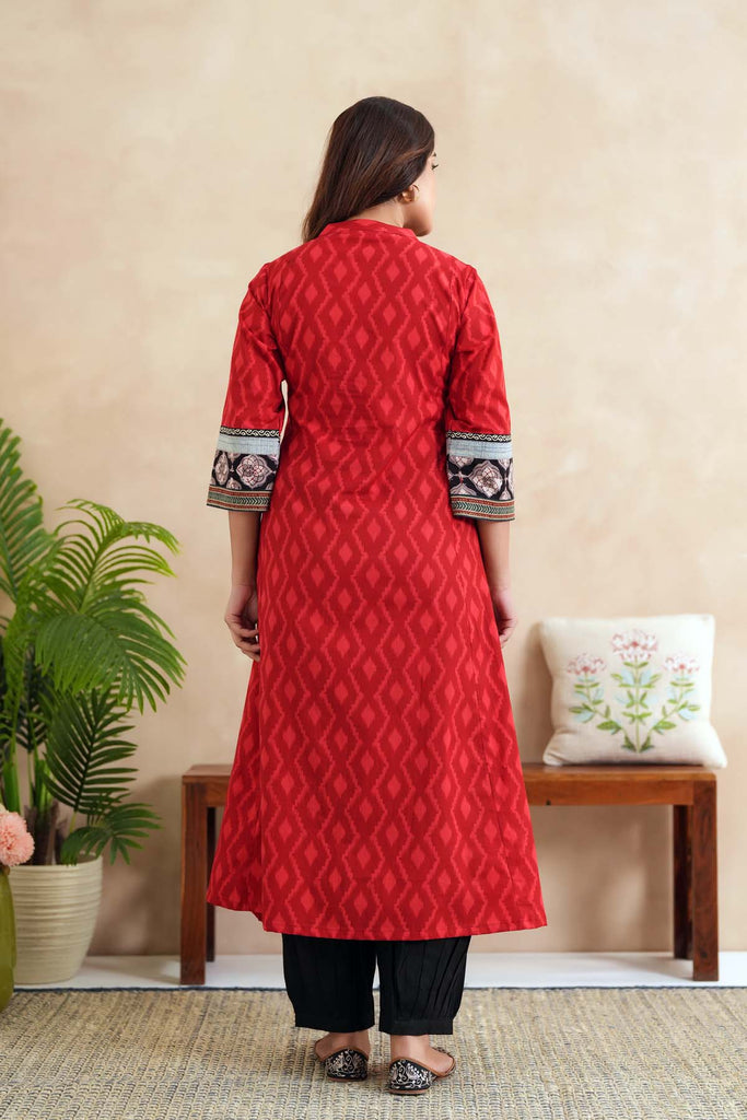 Red Angrakha Style Kalidaar Kurta In Cotton Fabric