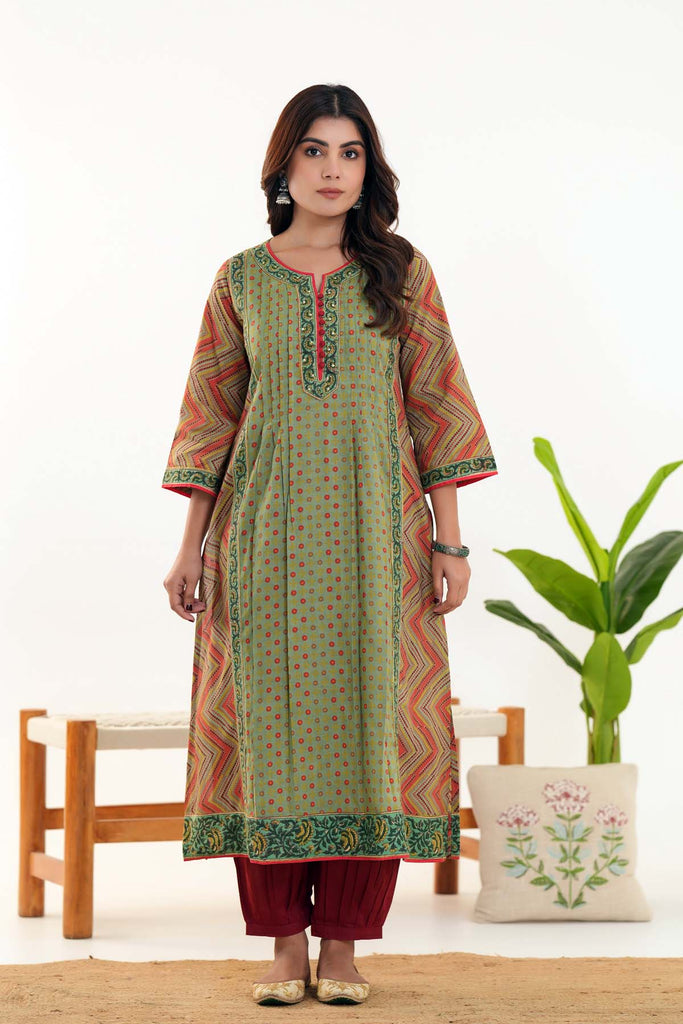 Olive Green A-Line Kurta In Cotton Fabric