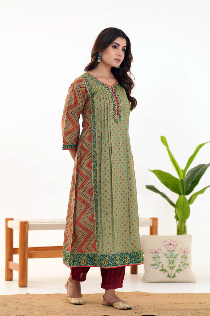 Olive Green A-Line Kurta In Cotton Fabric