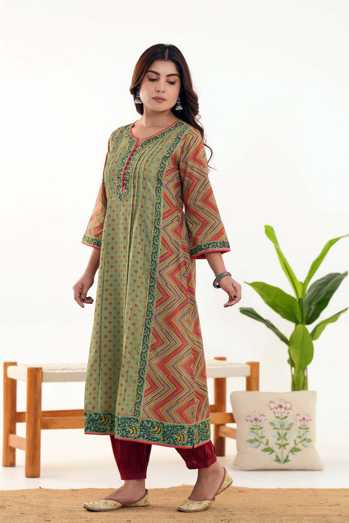 Olive Green A-Line Kurta In Cotton Fabric