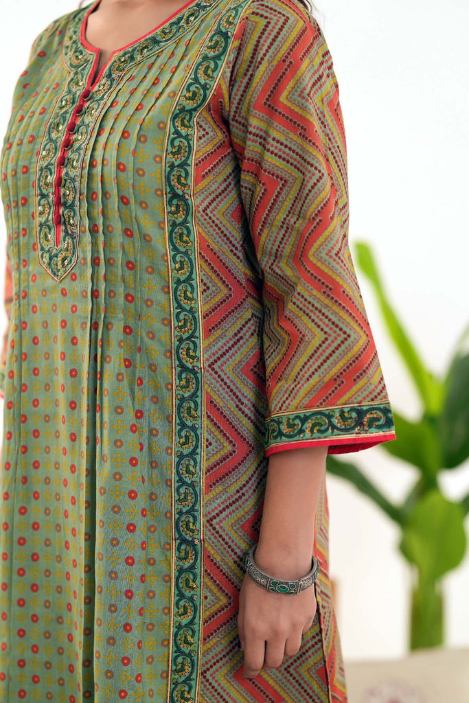 Olive Green A-Line Kurta In Cotton Fabric