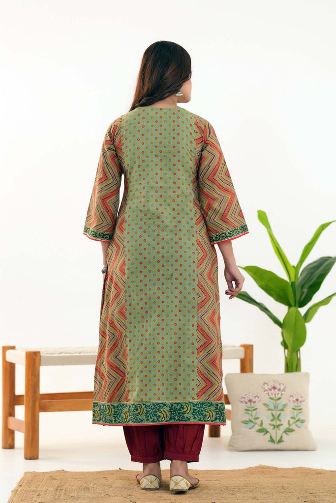 Olive Green A-Line Kurta In Cotton Fabric