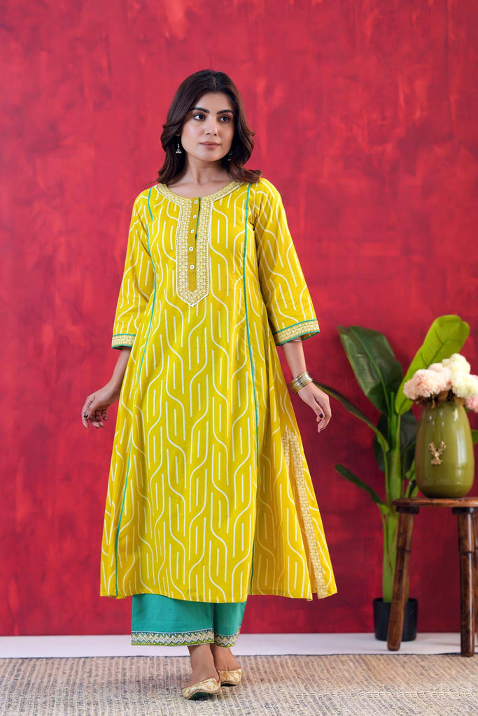 Lime Yellow A-Line Kurta In Cotton Fabric