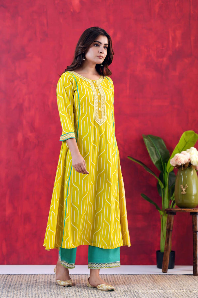 Lime Yellow A-Line Kurta In Cotton Fabric