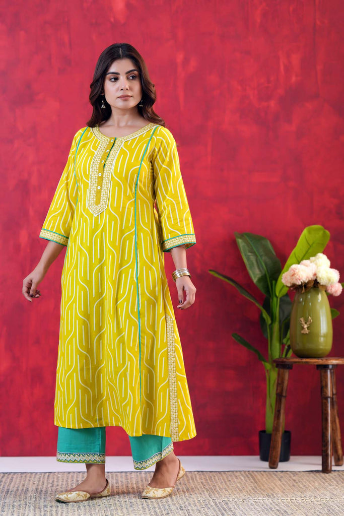 Lime Yellow A-Line Kurta In Cotton Fabric