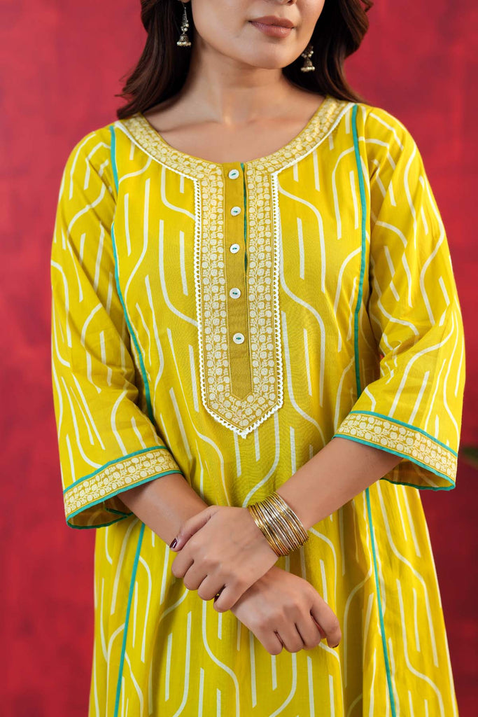 Lime Yellow A-Line Kurta In Cotton Fabric