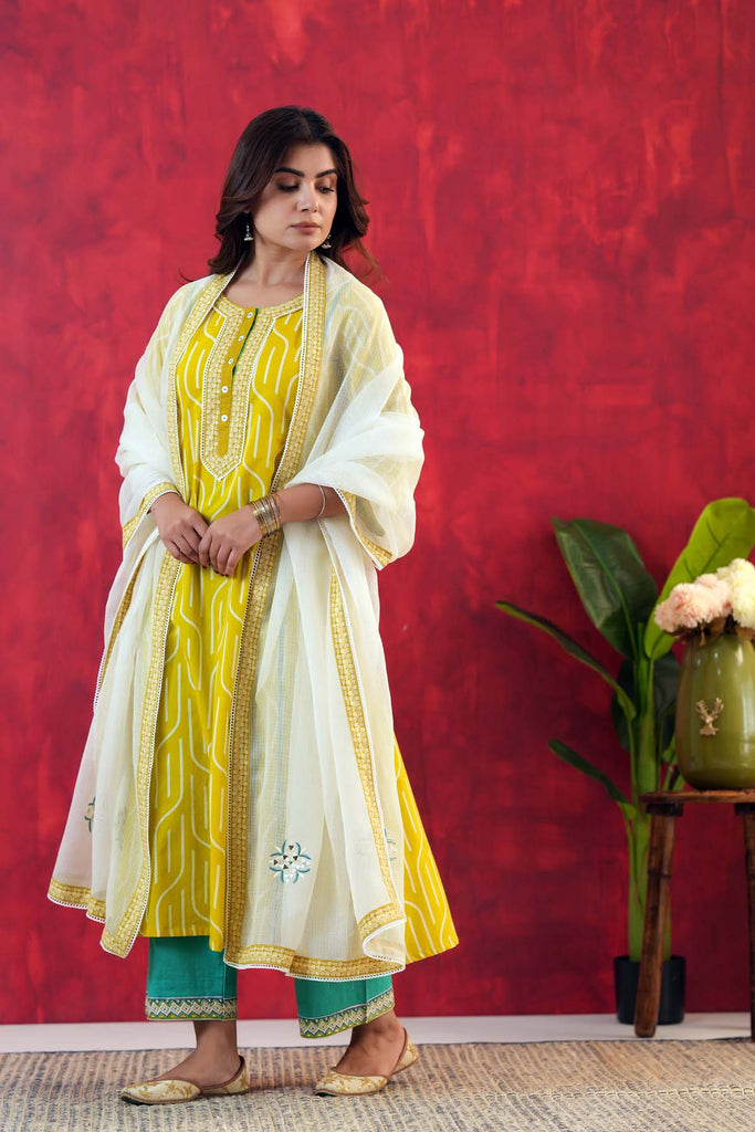 Lime Yellow A-Line Kurta In Cotton Fabric