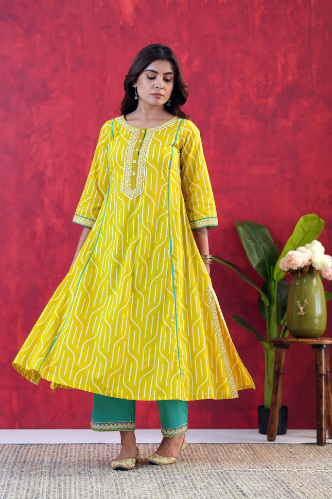 Lime Yellow A-Line Kurta In Cotton Fabric