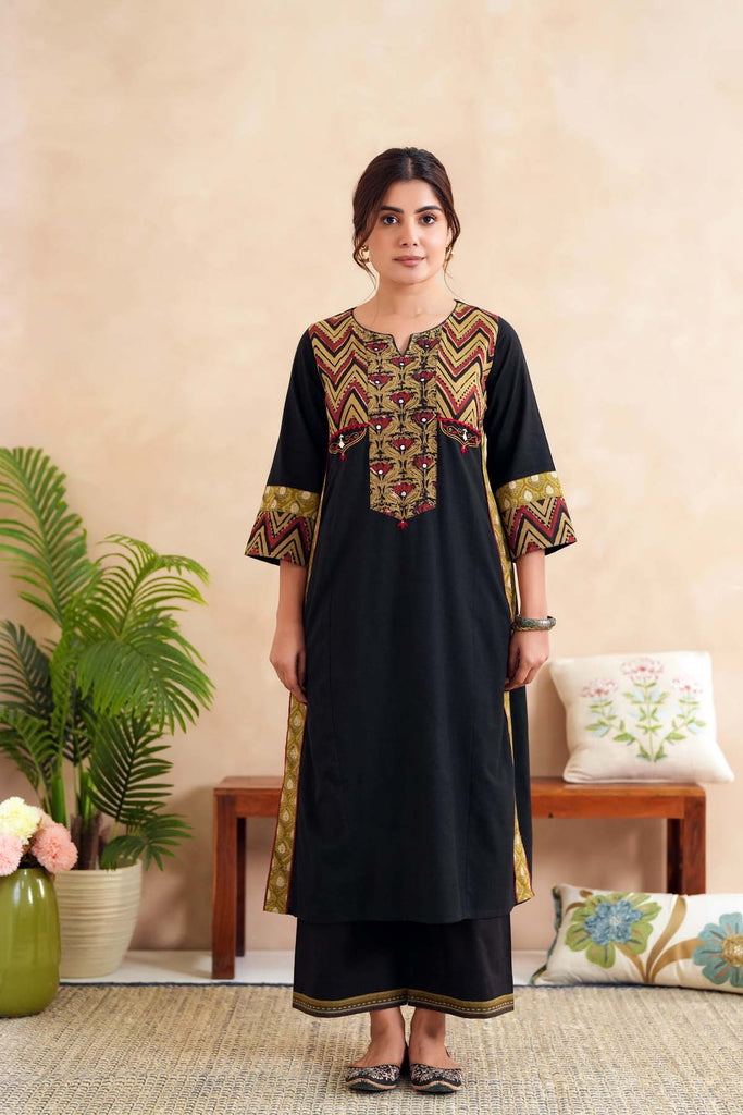 A-Line Long Length Kurta In Black Handloom Cotton