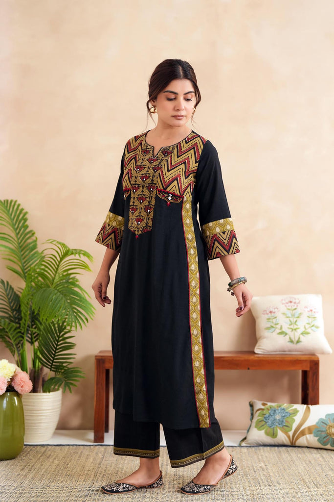 A-Line Long Length Kurta In Black Handloom Cotton