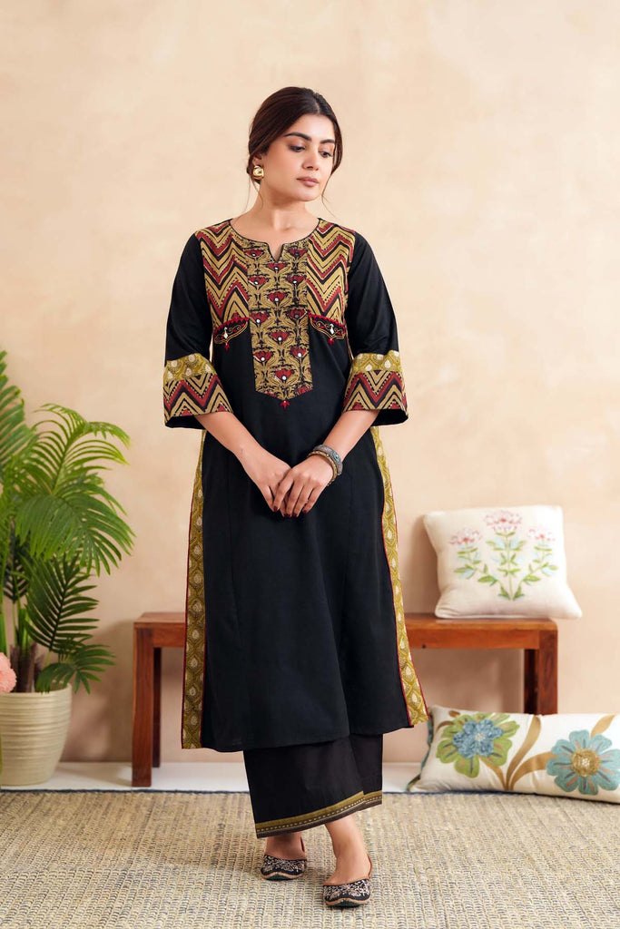 A-Line Long Length Kurta In Black Handloom Cotton