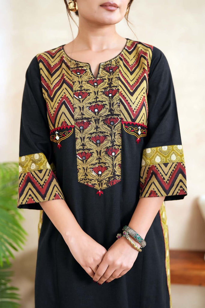 A-Line Long Length Kurta In Black Handloom Cotton