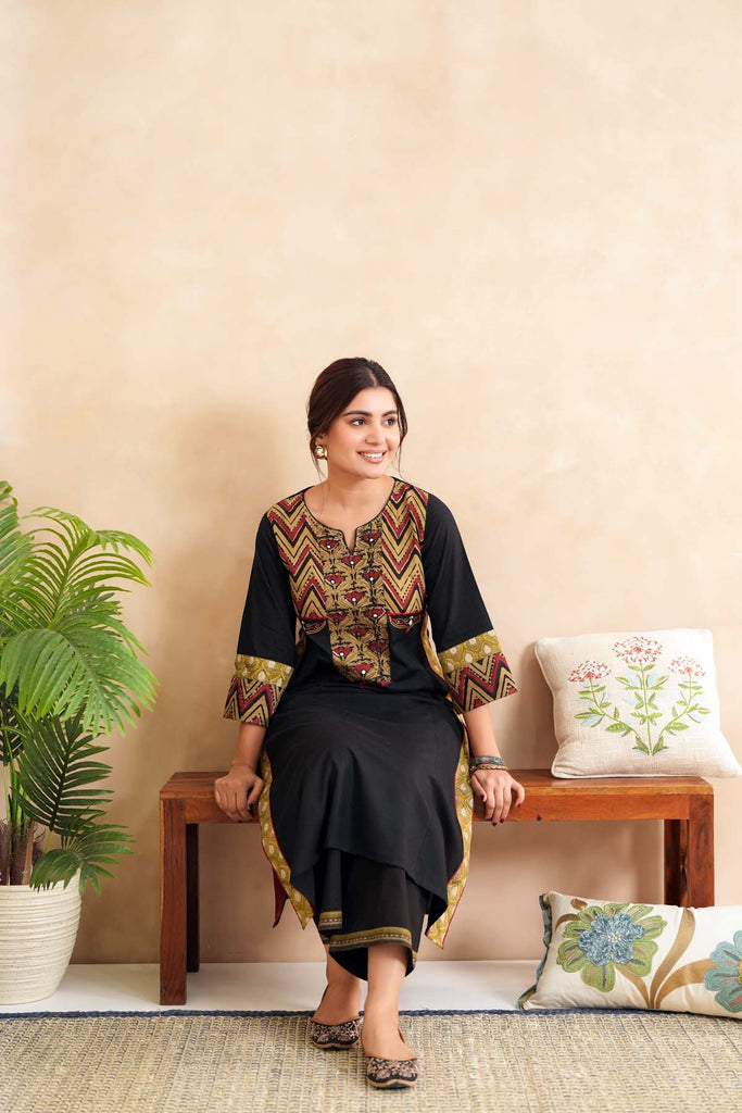 A-Line Long Length Kurta In Black Handloom Cotton